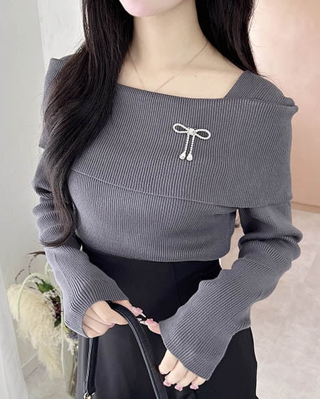 INGNI(イング) ブローチ付オフショルニット チャコールグレー/A