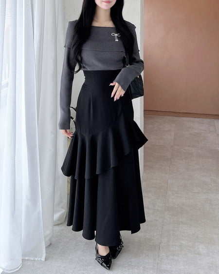 INGNI(イング) ブローチ付オフショルニット チャコールグレー/A