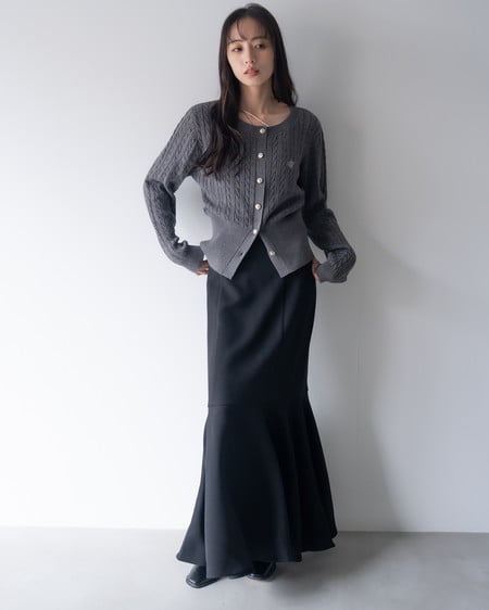 INGNI(イング) 胸刺繍金ボタンケーブルニットカーディガン チャコールグレー