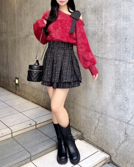 INGNI(イング) ツイードタックミニフレアスカート クロ/ツイード