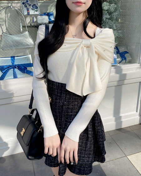 INGNI(イング) バックリボンツイードフレアスカパン クロ/ツイード