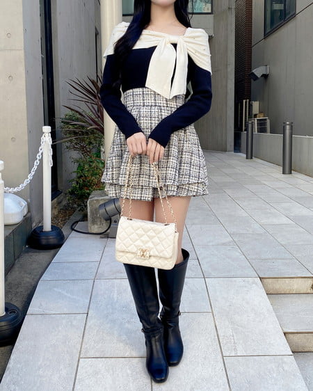 INGNI(イング) バックリボンツイードフレアスカパン オフ/ツイード