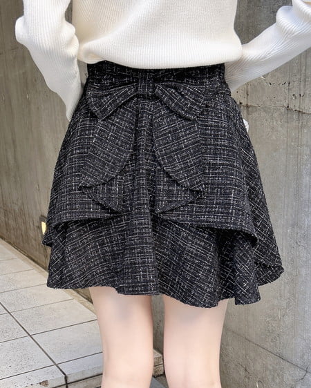 INGNI(イング) バックリボンツイードフレアスカパン クロ/ツイード