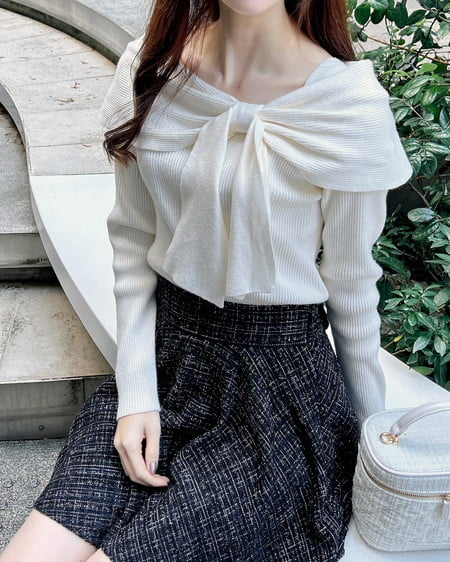 INGNI(イング) バックリボンツイードフレアスカパン クロ/ツイード