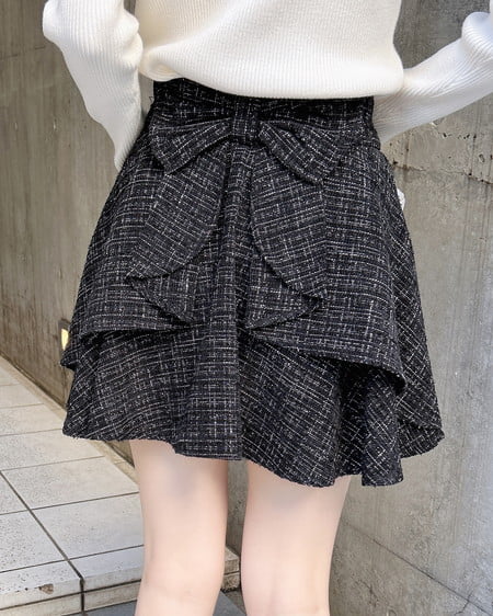 INGNI(イング) バックリボンツイードフレアスカパン クロ/ツイード