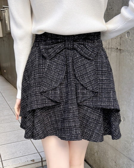 INGNI(イング) バックリボンツイードフレアスカパン クロ/ツイード