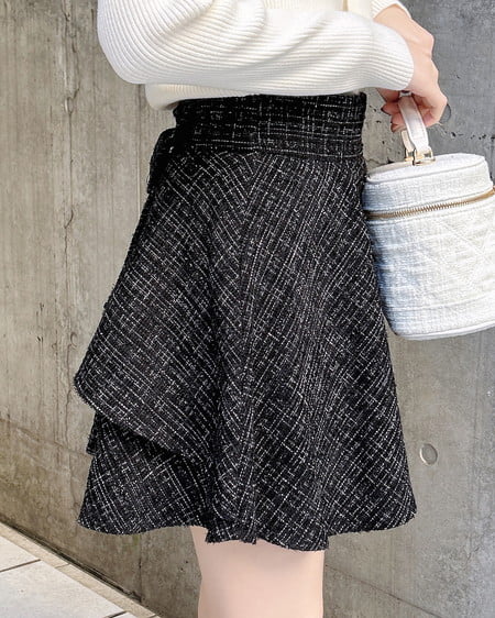 INGNI(イング) バックリボンツイードフレアスカパン クロ/ツイード