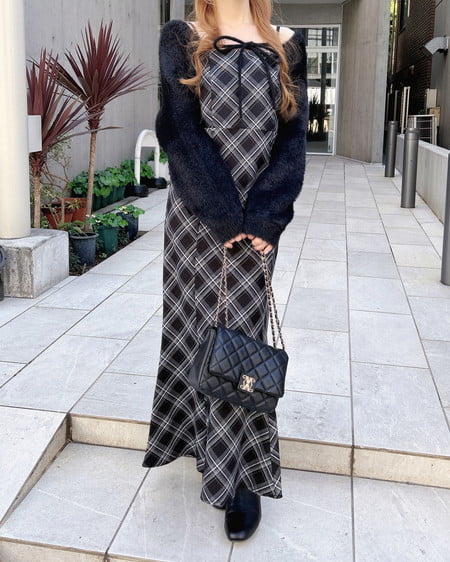 INGNI(イング) シャギーニットボレロ+マーメイドワンピースセット クロ/クロチェック