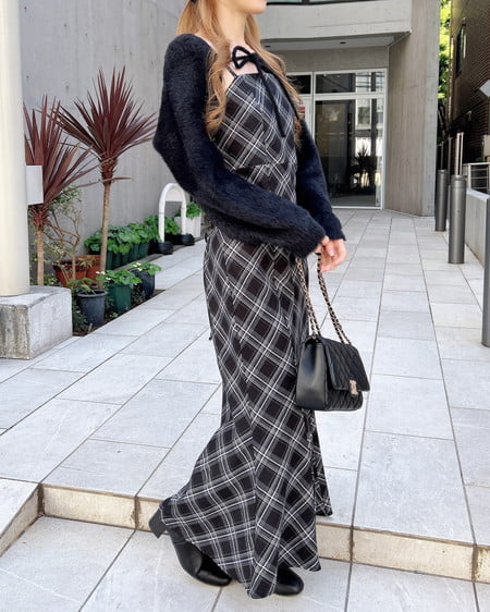 INGNI(イング) シャギーニットボレロ+マーメイドワンピースセット クロ/クロチェック