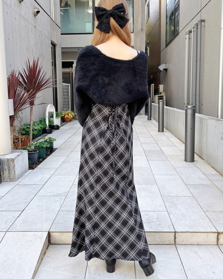 INGNI(イング) シャギーニットボレロ+マーメイドワンピースセット クロ/クロチェック