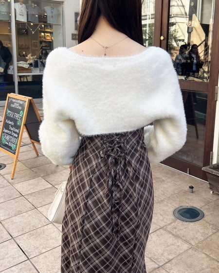 INGNI(イング) シャギーニットボレロ+マーメイドワンピースセット アイボリー/ブラウンチェック