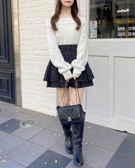 INGNI(イング) ツイードタックミニフレアスカート クロ/ツイード