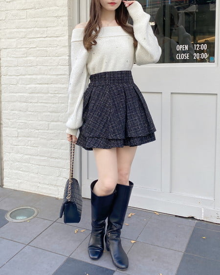 INGNI(イング) ツイードタックミニフレアスカート クロ/ツイード