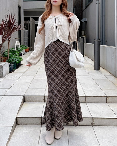 INGNI(イング) シャギーニットボレロ+マーメイドワンピースセット アイボリー/ブラウンチェック