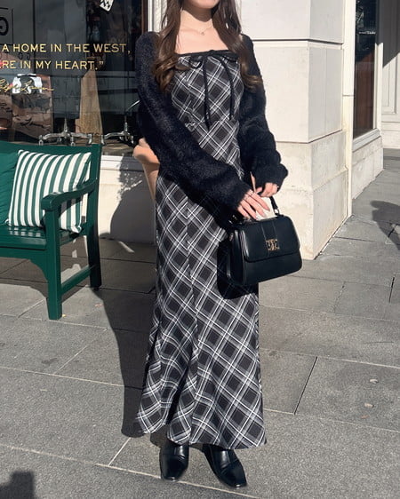 INGNI(イング) シャギーニットボレロ+マーメイドワンピースセット クロ/クロチェック