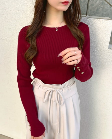 INGNI(イング) ボートネック袖金ボタンニット ボルドー