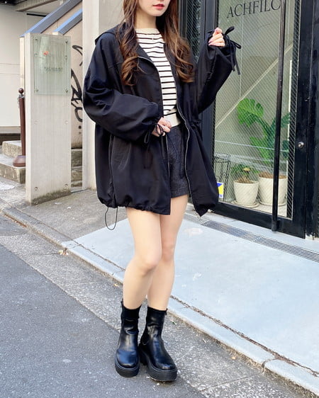 INGNI(イング) ミドル丈袖リボン2Wayマウンテンパーカー クロ