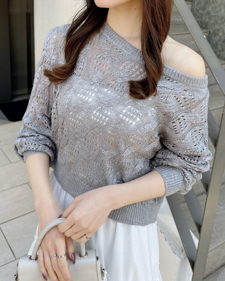 INGNI(イング) 透かし編みニットプルオーバー グレー