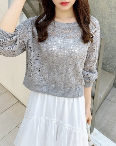 INGNI(イング) 透かし編みニットプルオーバー グレー