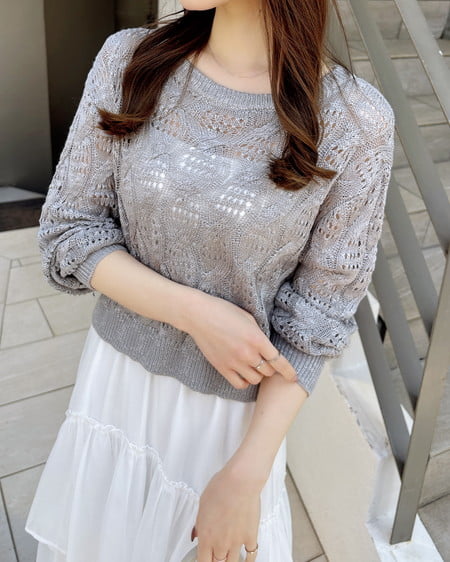 INGNI(イング) 透かし編みニットプルオーバー グレー