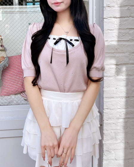 INGNI(イング) ビジュー飛ばしレイヤード風ニット ピンク/オフホワイト