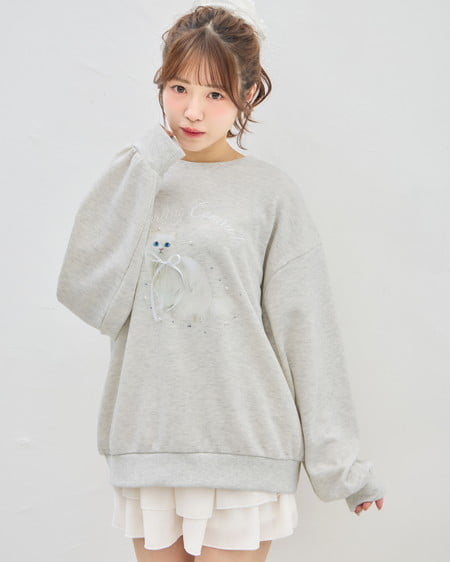 INGNI(イング) 装飾リボン付ねこスウェットトップス オートミール