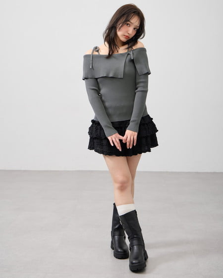 INGNI(イング) 両肩リボンスリットニット グレー