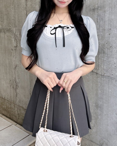 INGNI(イング) ビジュー飛ばしレイヤード風ニット サックス/オフホワイト