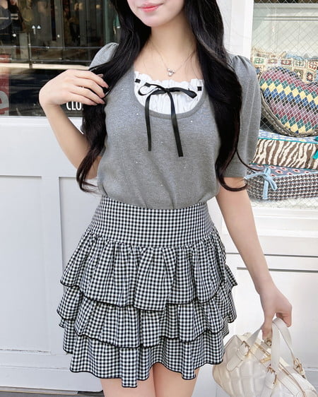 INGNI(イング) ビジュー飛ばしレイヤード風ニット グレー/オフホワイト