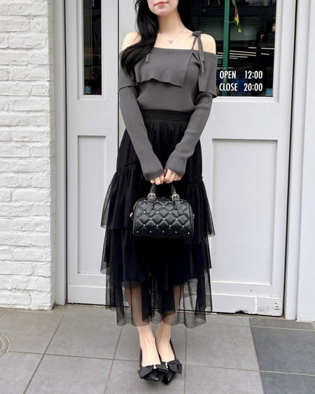 INGNI(イング) 両肩リボンスリットニット グレー