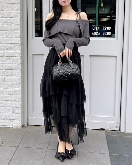 INGNI(イング) 両肩リボンスリットニット グレー