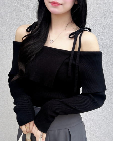 INGNI(イング) 両肩リボンスリットニット クロ