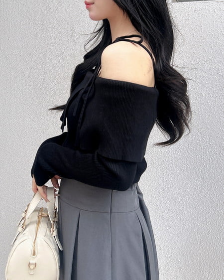 INGNI(イング) 両肩リボンスリットニット クロ