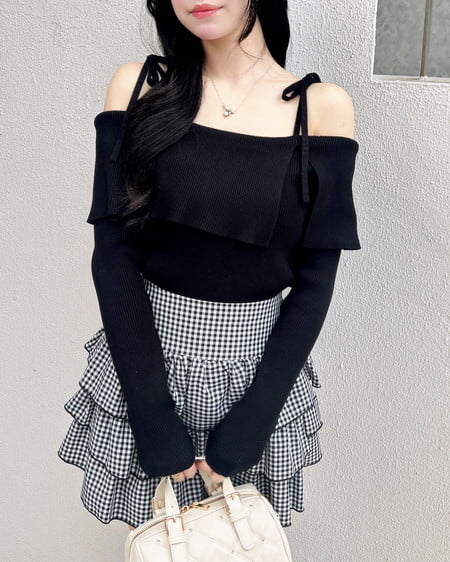 INGNI(イング) 両肩リボンスリットニット クロ