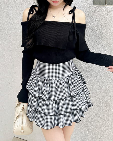 INGNI(イング) 両肩リボンスリットニット クロ