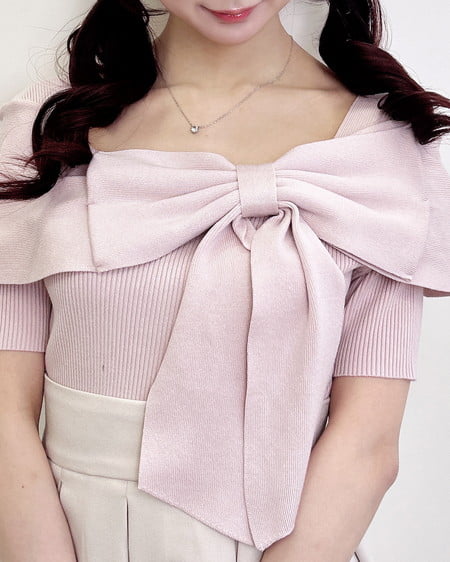 INGNI(イング) リボンオフショル半袖ニット ピンク