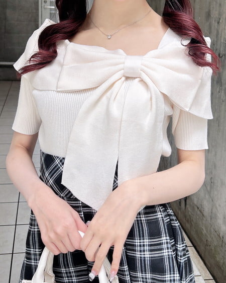 INGNI(イング) リボンオフショル半袖ニット アイボリー