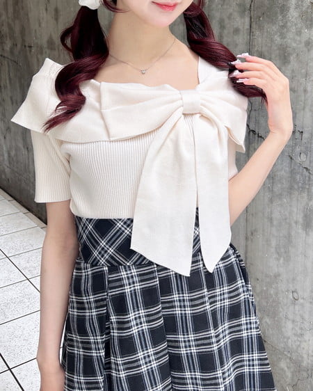 INGNI(イング) リボンオフショル半袖ニット アイボリー