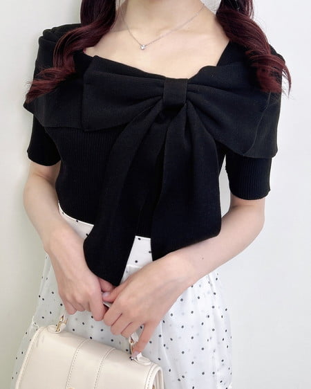 INGNI(イング) リボンオフショル半袖ニット クロ