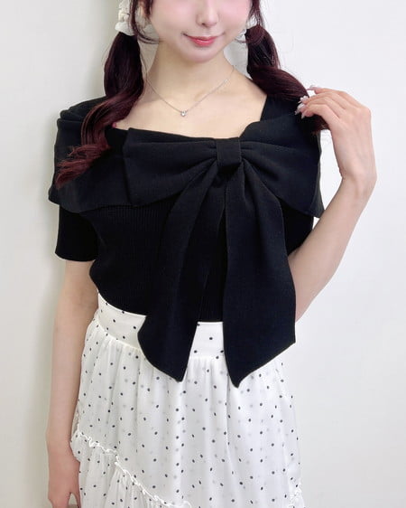 INGNI(イング) リボンオフショル半袖ニット クロ