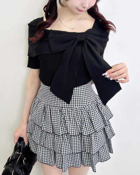 INGNI(イング) リボンオフショル半袖ニット クロ