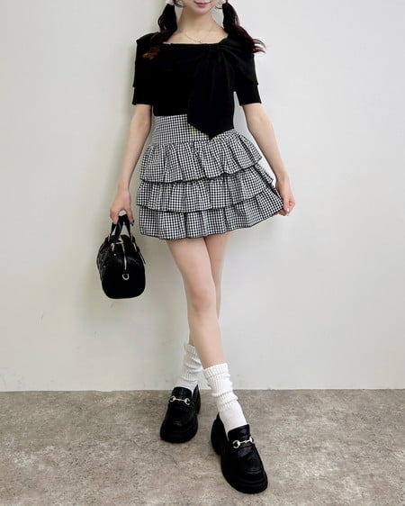 INGNI(イング) リボンオフショル半袖ニット クロ