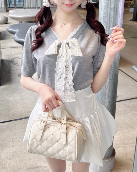 INGNI(イング) レースボウタイ半袖ニット グレー