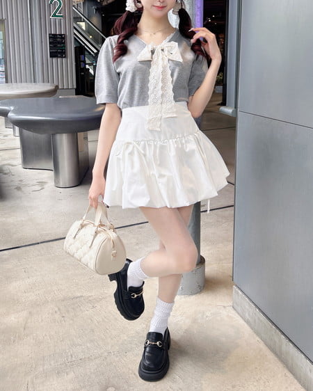 INGNI(イング) レースボウタイ半袖ニット グレー