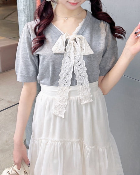 INGNI(イング) レースボウタイ半袖ニット グレー