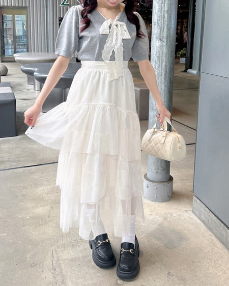 INGNI(イング) レースボウタイ半袖ニット グレー