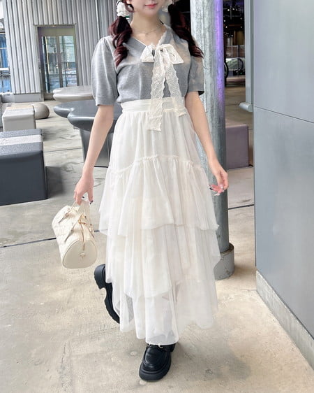 INGNI(イング) レースボウタイ半袖ニット グレー