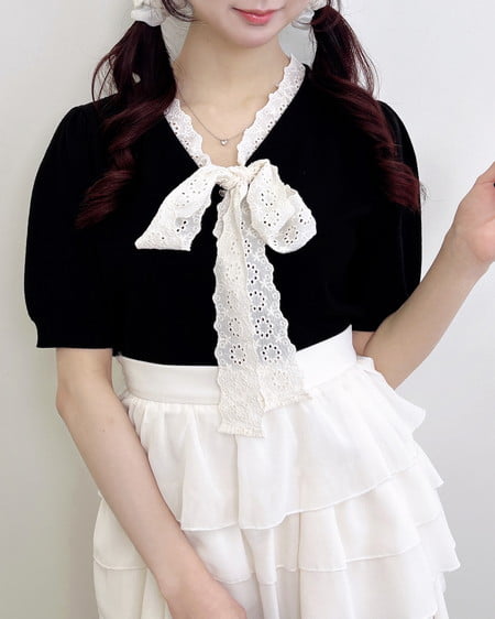 INGNI(イング) レースボウタイ半袖ニット クロ