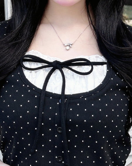 INGNI(イング) レースレイヤード風リボン付き半袖リブトップス クロオフ/ドット