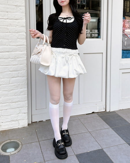 INGNI(イング) レースレイヤード風リボン付き半袖リブトップス クロオフ/ドット